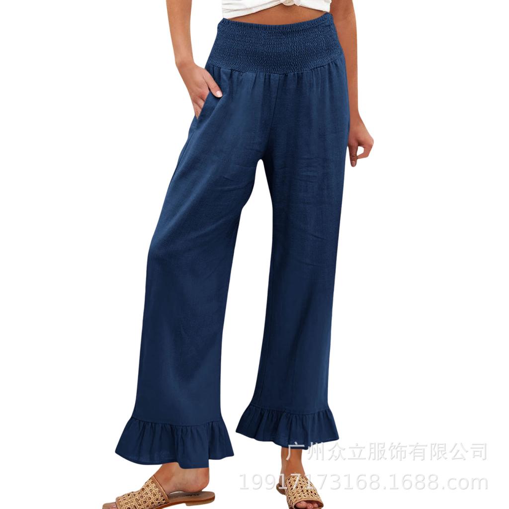 Pantaloni Casual da Donna in Misto Cotone e Lino, Vestibilità Larga con Orlo Arricciato, per le Vacanze Estive