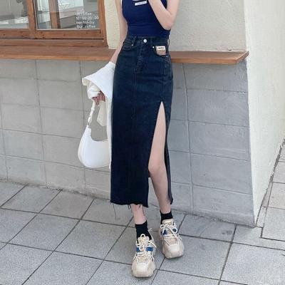 Elegant Högmidjad Sidosprund Dam Sommar Svart Tunn A-linje Mellång Längd Paket Höftkjol Mångsidig Bekväm Mode Denim Bystkjol
