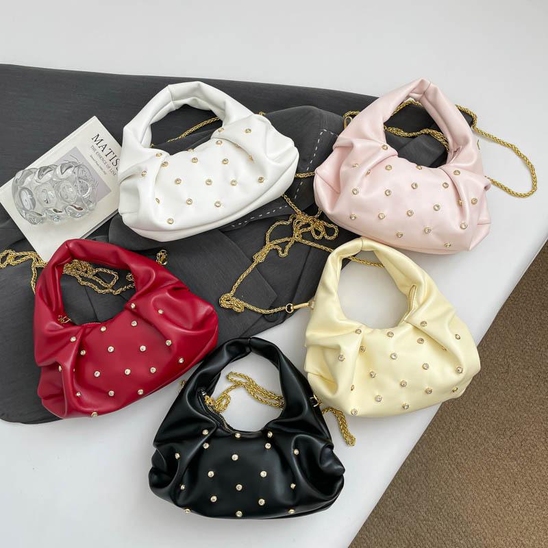 Vintage Rivet Design PU Shoulder Bags for Women Solid Color Ladies Chain Crossbody Bag Simple Girls Hobos Handbags Phe Clutch