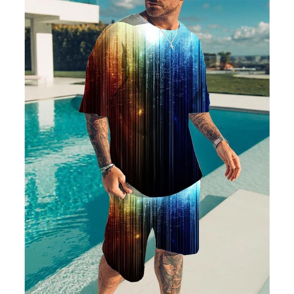 Summer Fashionable Men's Striped Style 3D Two-piece Set Street Casual Fashion Breathable Comfortable Sports Loose Large Size Sports Wear