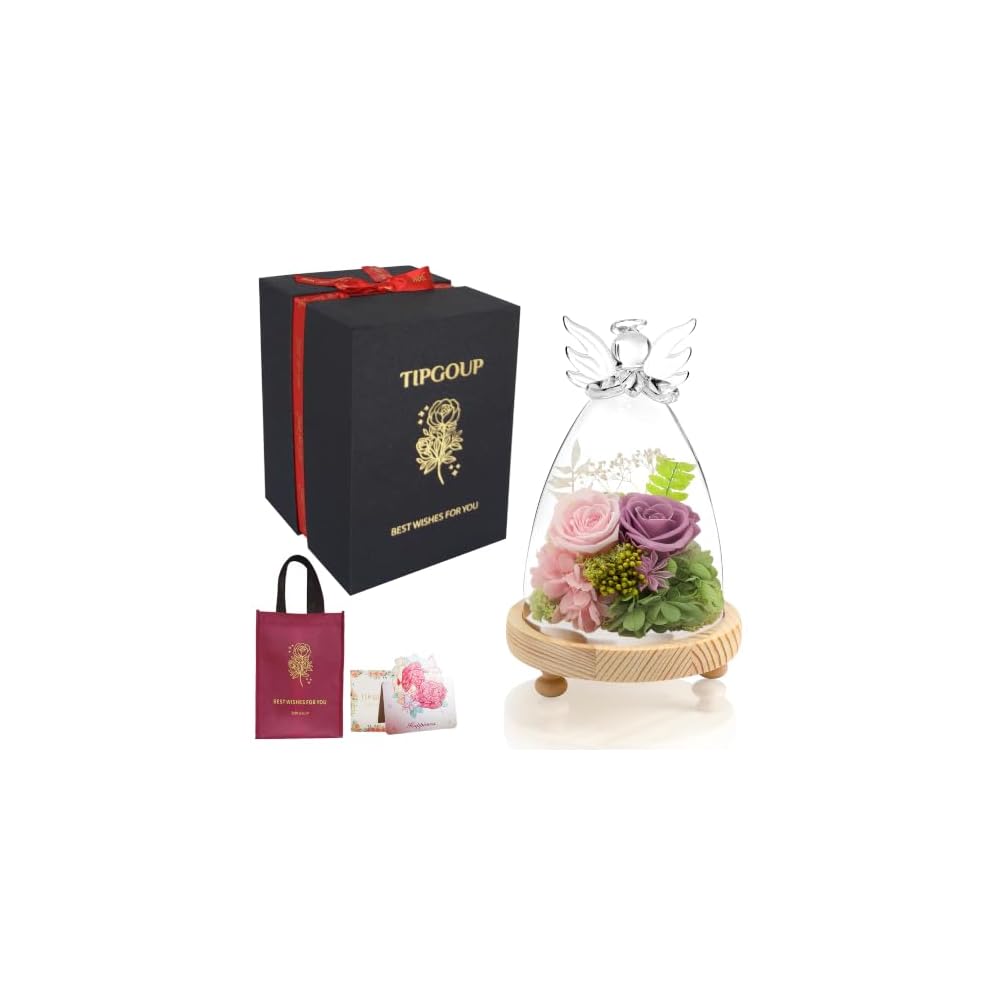 Preserved Flowers Birthday Flower Gift Angel-shaped Glass Dome with Special Box Light Purple Pink
