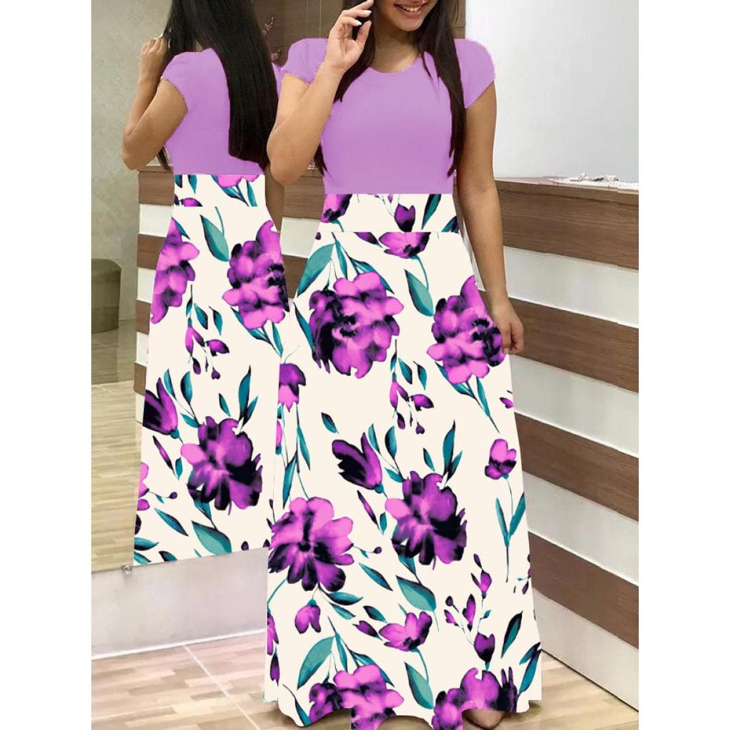 Floral Print Patchwork Short Sleeve Bohemian Dress Women Summer Dress O Neck Big Swing Long Dresses