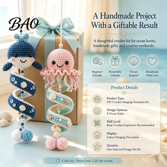 Handmade Keychains for Beginners Ocean Animal Spiral Crochet Kit, DIY Coastal Hanging Ornament Beginner Craft Style Decor Items Kit with Yarn
