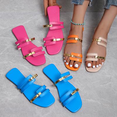 Women's Slippers 2024 Summer Gold Color Thin Belt Combination Square Head Flat Heel Female Plus Size Outdoor Beach Women Sandals