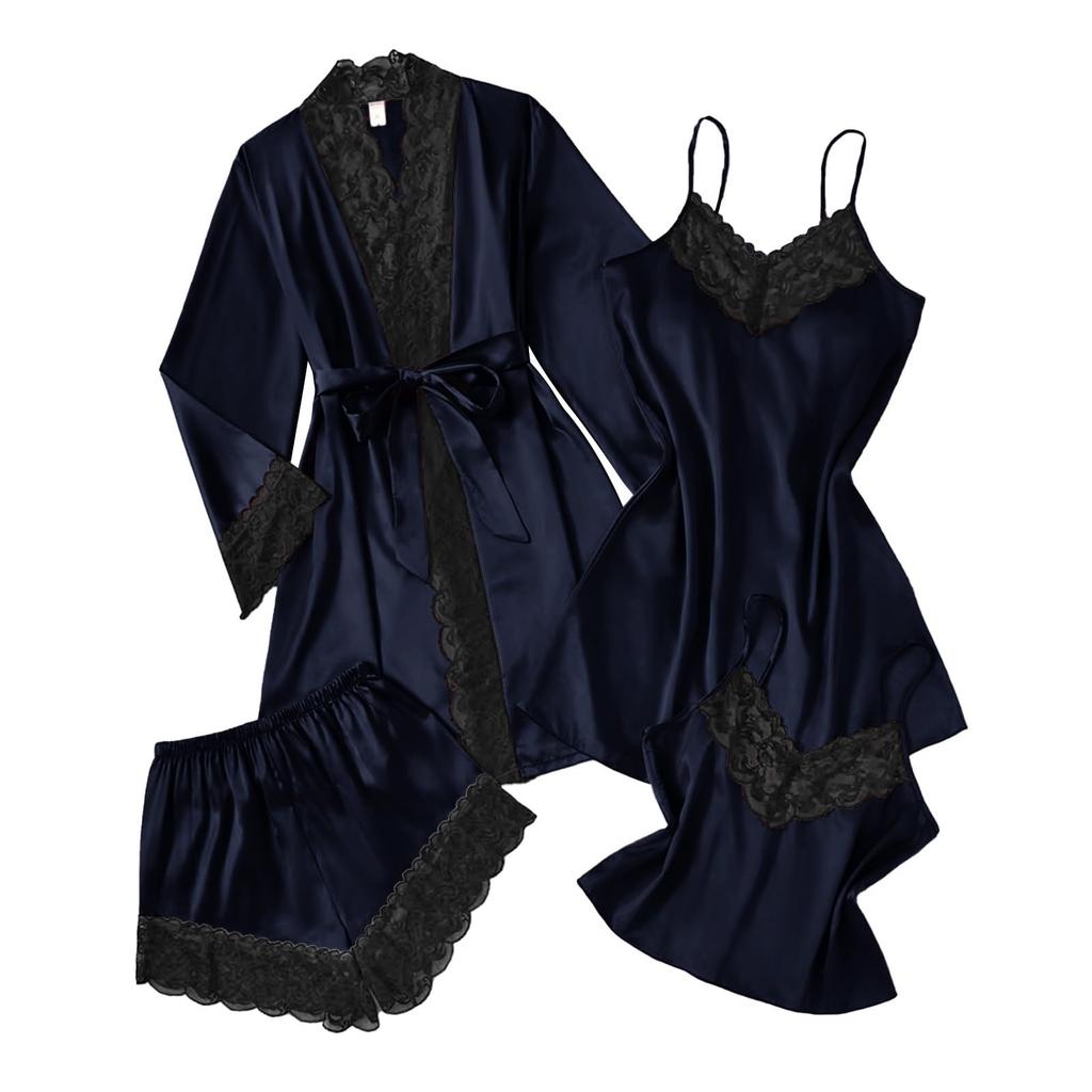 Women's 4,piece Satin Pajama Set, Soft Satin Sleepwear Set