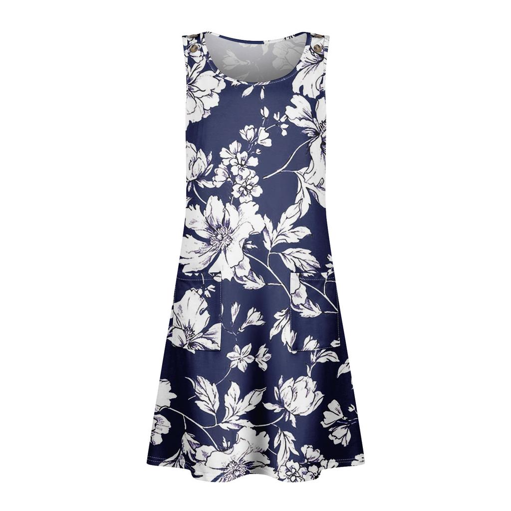 Summer Dresses For Women Beach Boho Sleeveless Printing Flowy Pocket Tshirt Tank Sundresses