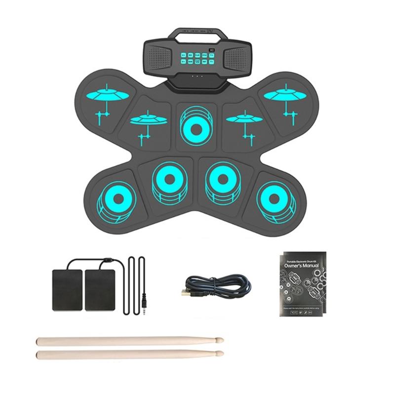 Electronic Drum Set 9 Drum Pads Roll up Electric Drum Set with Headphone Jacks, Built in Speaker, Drum Stick, Foot Pedal