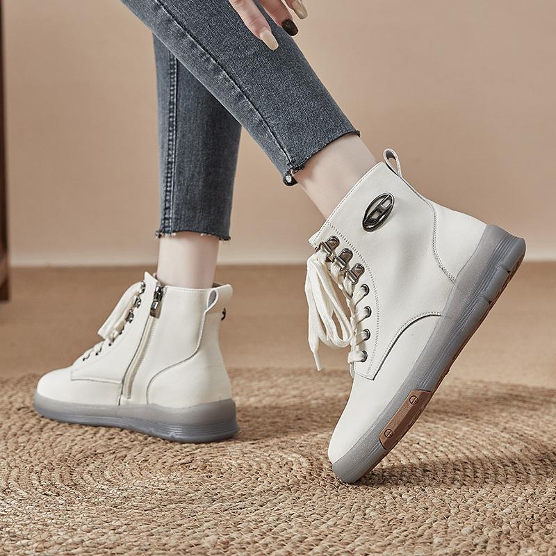 High-top shoes women's 2025 new autumn and winter velvet Martin boots leather spring and autumn shoes beef tendon soles short boots casual women's