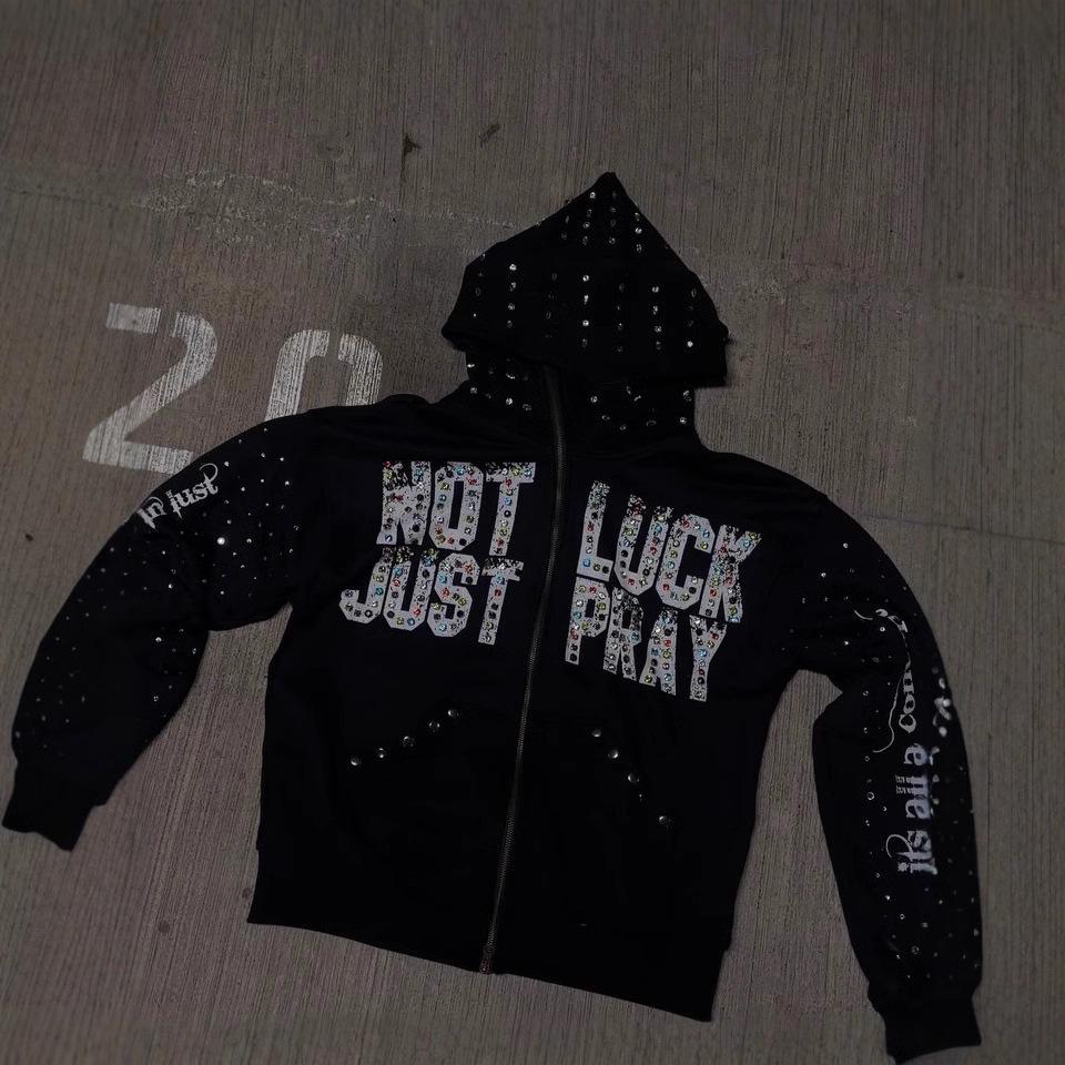 Versatile Hooded Sweatshirt Cardigan with Full Diamond Design - Trendy Streetwear