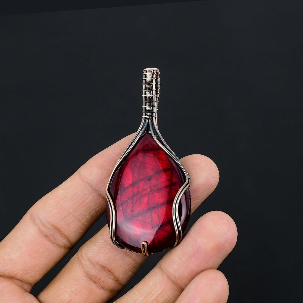Red Flash Labra Handmade Pendant, Gemstone Jewelry, 999 Copper Wire Wrapped Pendant Jewelry, For Gift