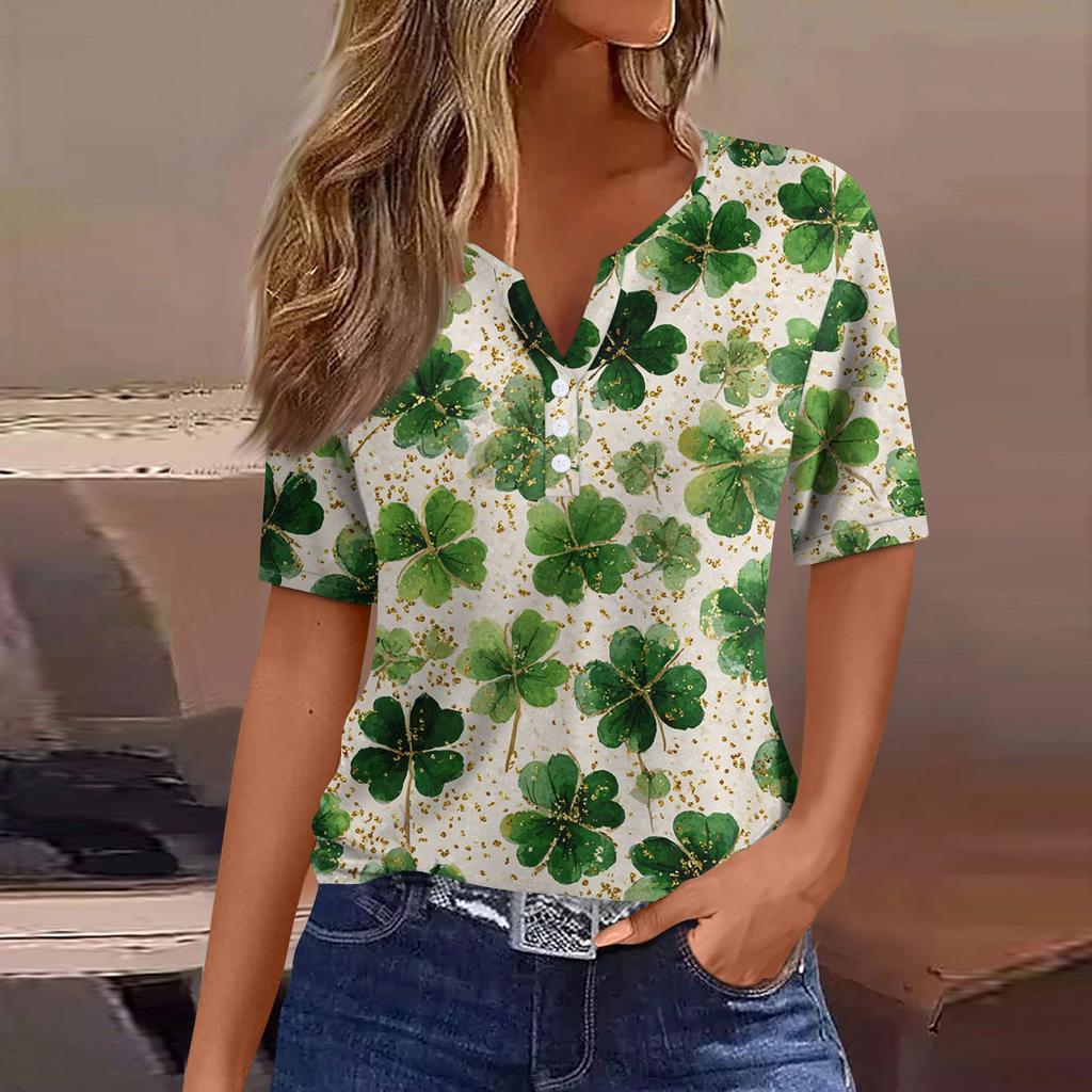 Women's T Shirt Tee Print Button Short Sleeve Daily Weekend Fashion Basic V- Neck Regular Top  St. Patrick's Day