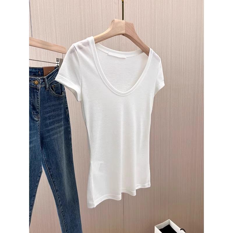 Dámské tričko v korejském stylu jednobarevné s U-výstřihem odhalujícím klíční kosti - Letní kolekce 2025, Sladký a pikantní slim fit, Krátký rukáv