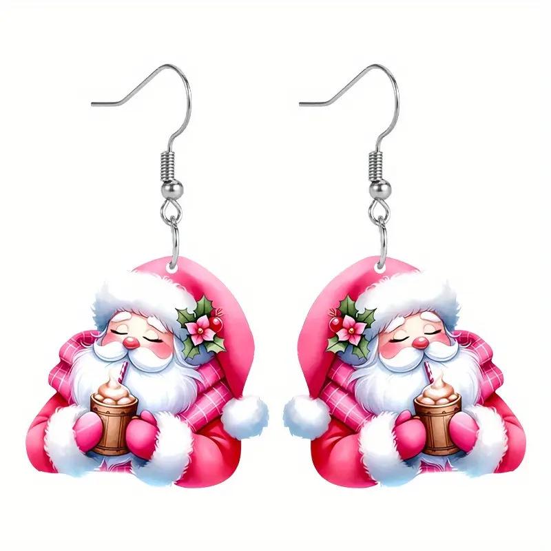 Weihnachts-Cartoon Weihnachtsmann und Milchtee Rosa Acryl Ohrringe