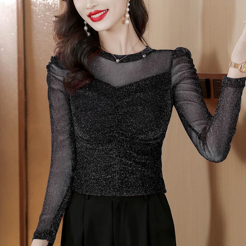 

Яркий шелковый сетчатый топ для женщин, базовая рубашка с длинными рукавами для зимы, новая красная внутренняя футболка, модная маленькая рубашка 3XL