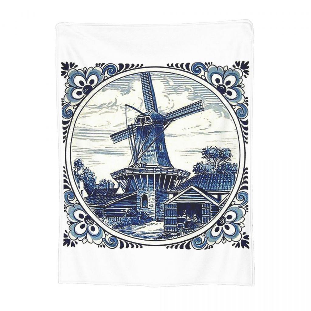 Niederländisch Blau Delft Vintage Windmühle Decke Weich Warm Flanell Überwurf Decke Tagesdecke für Bett Wohnzimmer Picknick Reisen Zuhause Couch