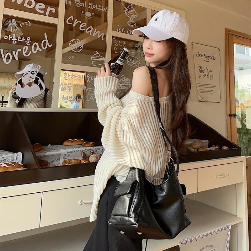 Lazy Loose Sweater Cover Slanted Shoulder Long Sleeved Knitted Sweater Women's Spring Design Sense Spicy Girl Versatile Top