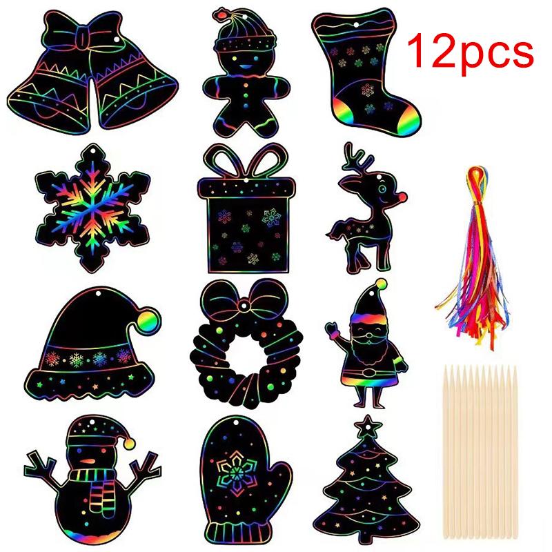 12/24/36Pcs Christmas Scratching Card DIY Art Painting Graffiti Art Christmas Tree Decoration Xmas Children Gift Festival Home Decor