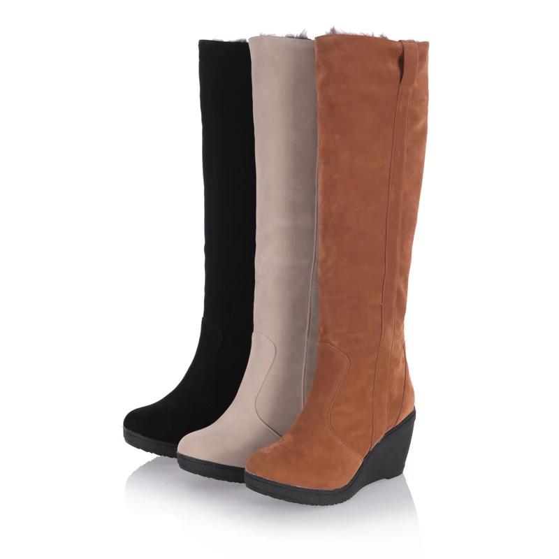 Women's Winter Fur Lined High Heel Platform Knee High Snow Boots Warm Wedge Shoes
