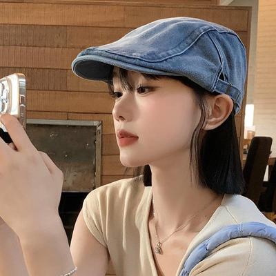 Women's Retro Washed Denim Newsboy Cap - Korean Style, Large Fit, Face-Slimming Beret