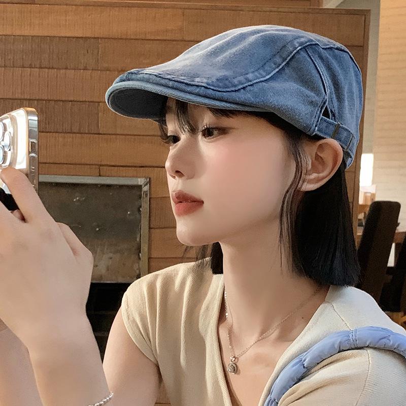 

Women s Retro Washed Denim Newsboy Cap - Korean Style, Large Fit, Face-Slimming Beret One Size Adjustable средний синий
