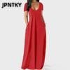 JPNTKY Fashion Summer Spring Solid Color Print Short Sleeve U-Neck Casual Dresses