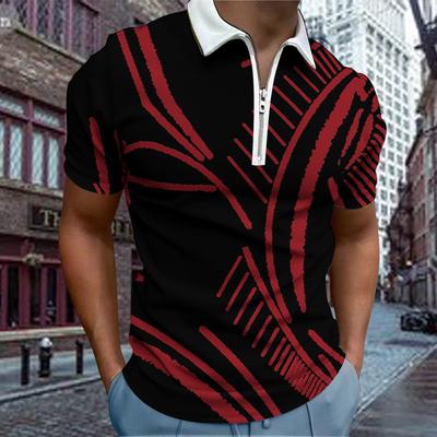 Lässiges Revers-T-Shirt Herrenmode Reißverschluss-T-Shirt Kurzarm-T-Shirt Herren 3D Roter Linien-Print T-Shirt