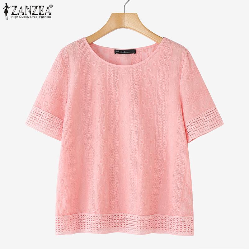 

ZANZEA Женская повседневная блузка с круглым вырезом, короткими рукавами и кружевной вставкой M белый