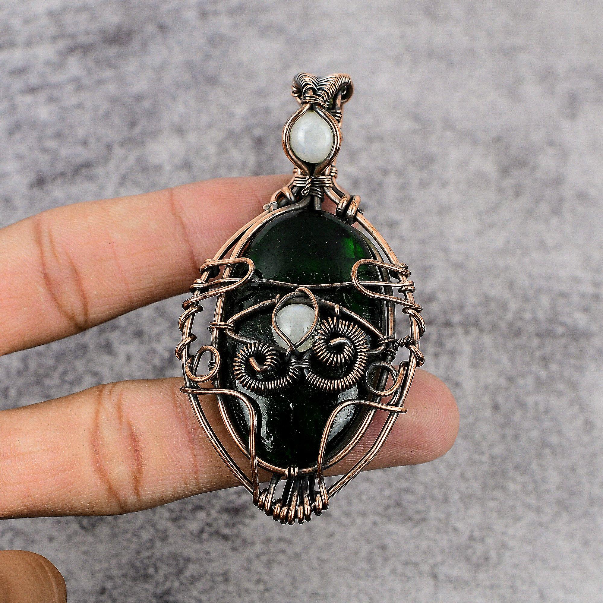 

Green Flash Labradorite & Rainbow Moonstone 999 Copper Wire Wrapped Pendant, Handmade Gemstone Pendant , Gift For Mom Antique Jewelry 2.55 Inches