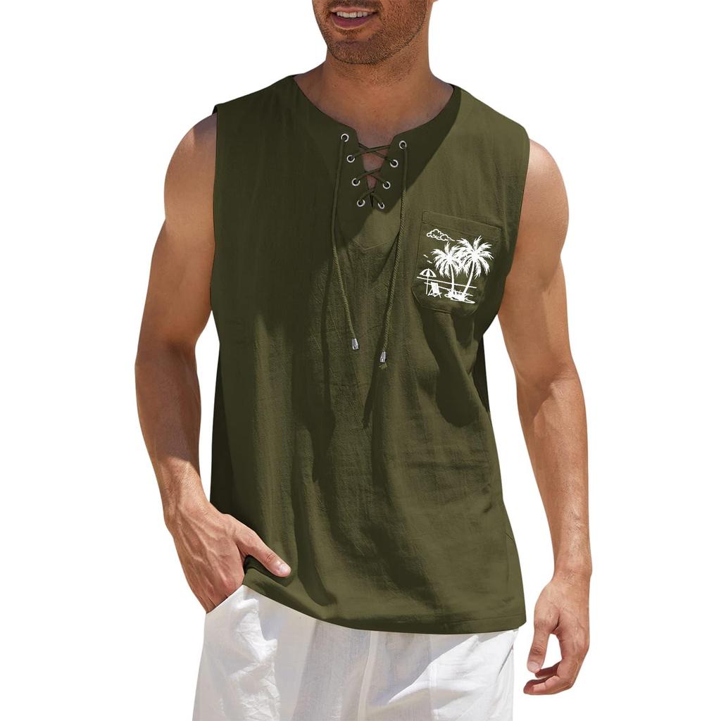 Men's Sleeveless Tank Top Loose Fit Casual Summer Vest with Lace-Up Neck and Printed Chest Pocket for Sports Outdoor