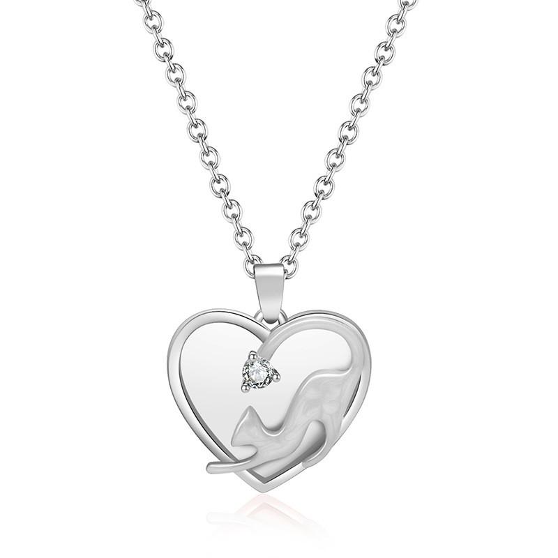 Double Fashionable Layer Heart Cat Pendant Necklace In Sparkling Titanium Steel For Elegant Giving Gift