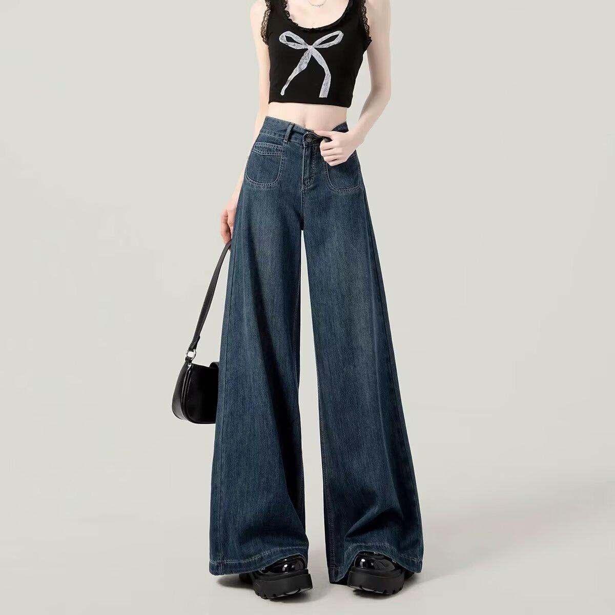 2024 Women s Dark Blue Wide-Leg Jeans: Casual, Drapey, Slimming, Straight-Leg Pants for Spring and Autumn S