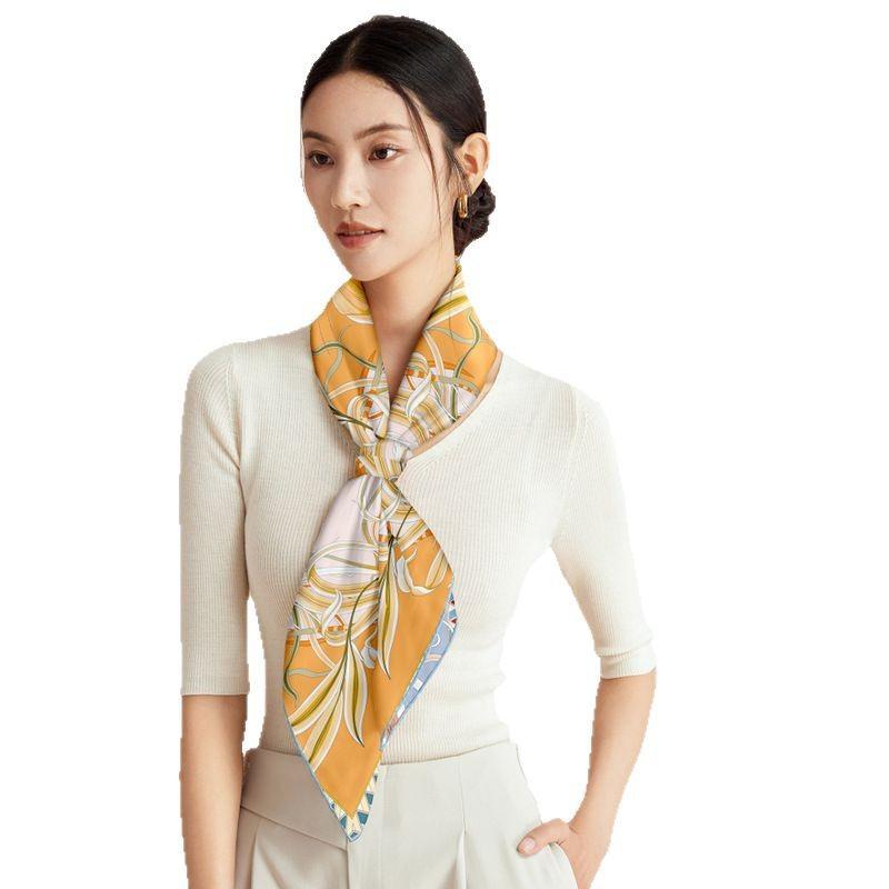 100% Mulberry Silk Square Scarf Double-sided Print Light Luxury Shawl Women Mom Fashion Accessory