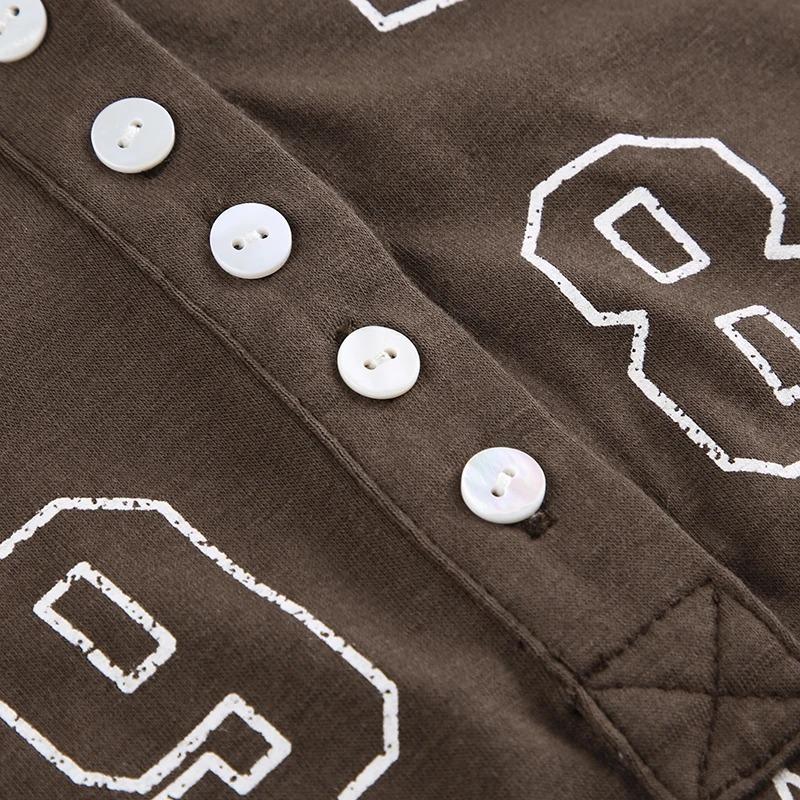 Vintage Top s potiskem písmen Dámský Retro Grunge Knoflíkový Véčkový výstřih Dlouhý rukáv Tričko Podzim Zima Základní Tričko Femme Oblečení