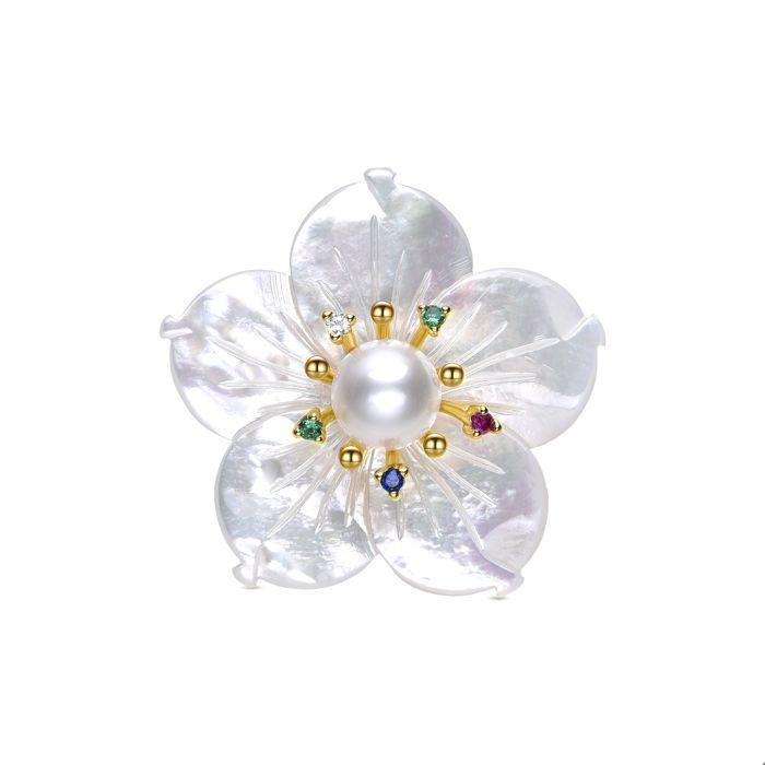 Broche Luxenter En Nacre Blanche Finie En or Jaune 18 Carats - Fleur