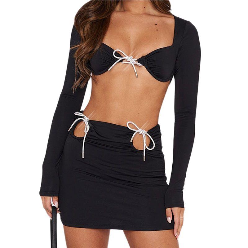 European and American Women's Clothing Punk New Arrival 2024 Summer Sexy Bikini Long Sleeves Open Back Shoelace Sheath Skirt Outfit