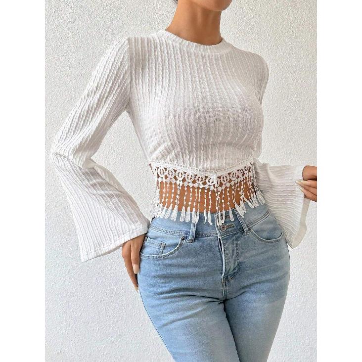 New Women'S Artistic And Elegant T-Shirt With Autumn And Winter Tassel Design And Flared Sleeves Short Top