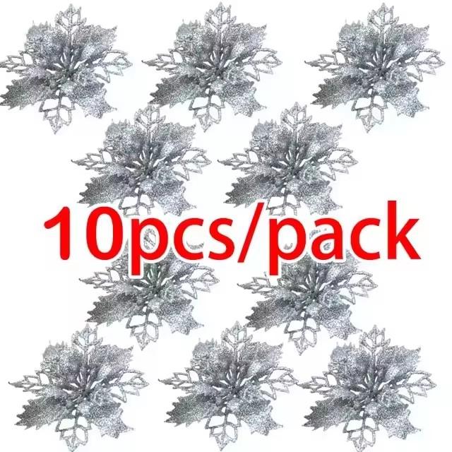 Artificial Christmas Tree Flower, Glitter Decorações, Natal Ornamentos, Presente De Ano Novo, 10pcs