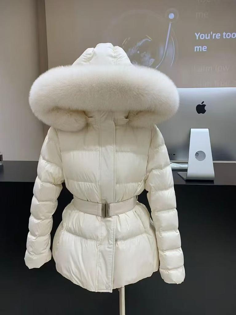 Winter new removable natural real fox fur collar down jacket women's medium and long lace-up waist warm jacket