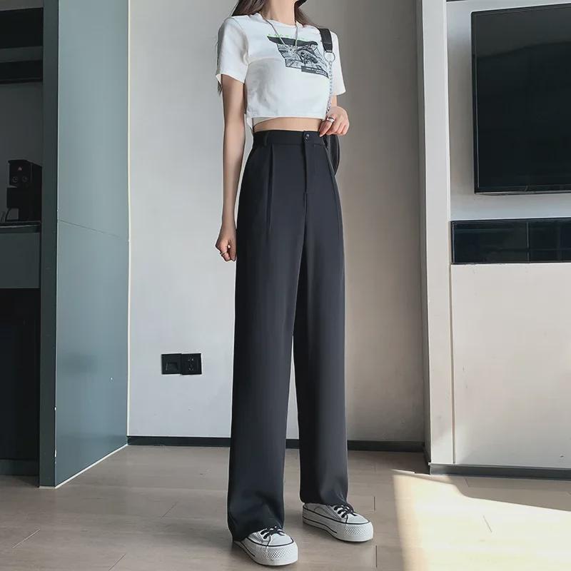 Women's High Waist Wide-Leg White Suit Pants - Spring & Autumn Trend, Lightweight with a Straight Loose Fit