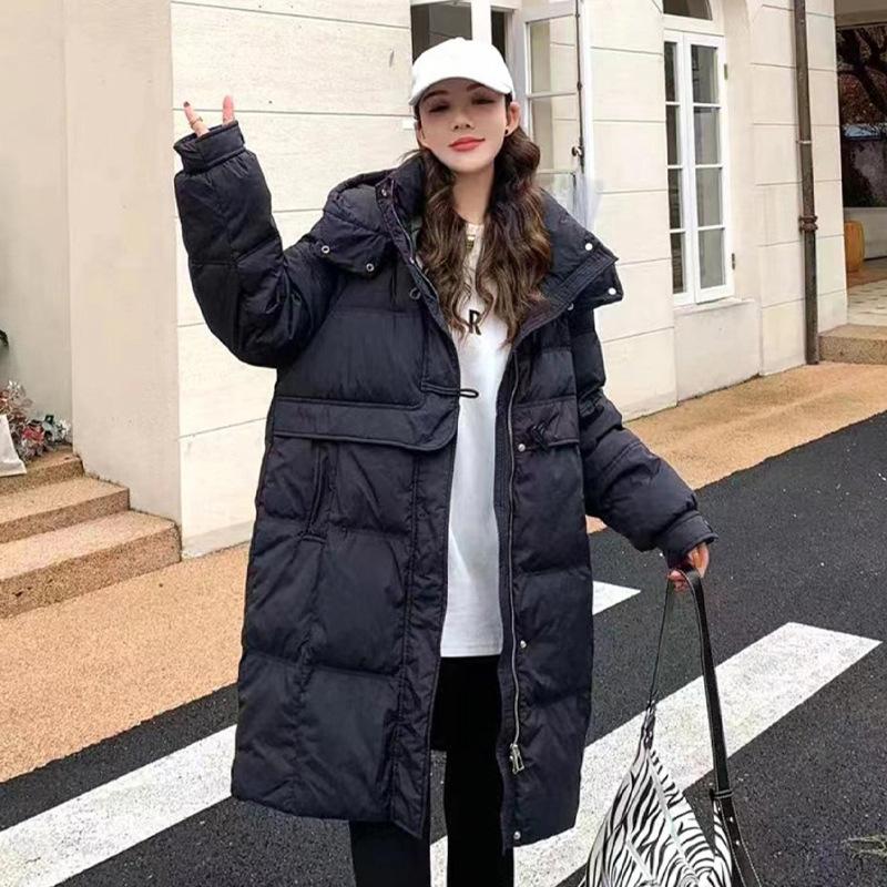 

Женский пуховик средней длины, зимняя свободная куртка на белом утином пуху XL чёрный