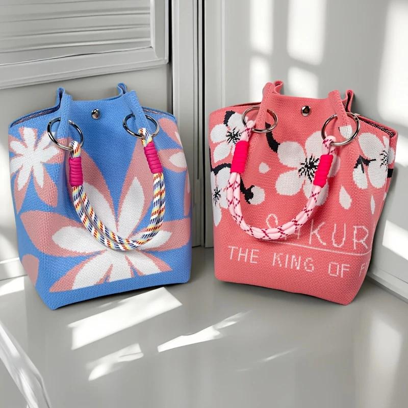 Women'S Vintage Floral Knit Tote Bag Storage Bag Lightweight With Adjustable Straps & Metal Rings Snap Closure For Casual Travel