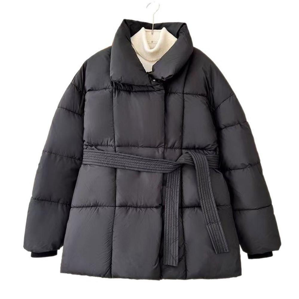 2025 Winter New Women's Waist Korean Version Autumn and Winter Stand-up Collar Down Cotton Clothes Solid Color Lace-up Women's Versatile Jacket
