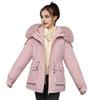 Women Winter Coat Thick Plush Furry Hooded Long Sleeves Pockets Drawstring Waist Zip-up Windproof Mid Length Overcoat Outdoor Outwear