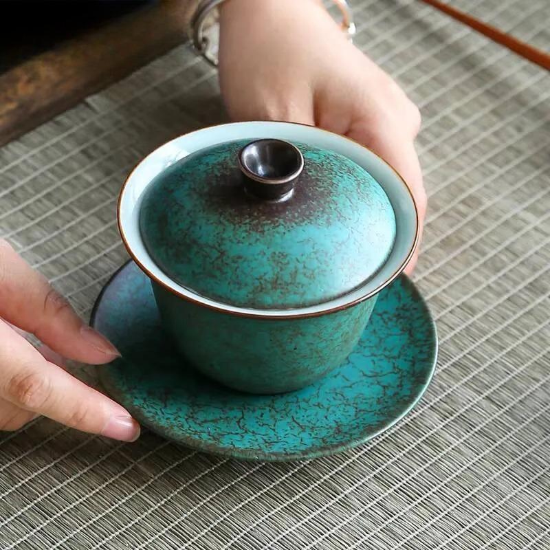 150ml Japanese Style Turquoise Glaze Ceramic Sancai Gaiwan Retro Kiln Change High-capacity Tea Cover Bowl Drinkware Customized