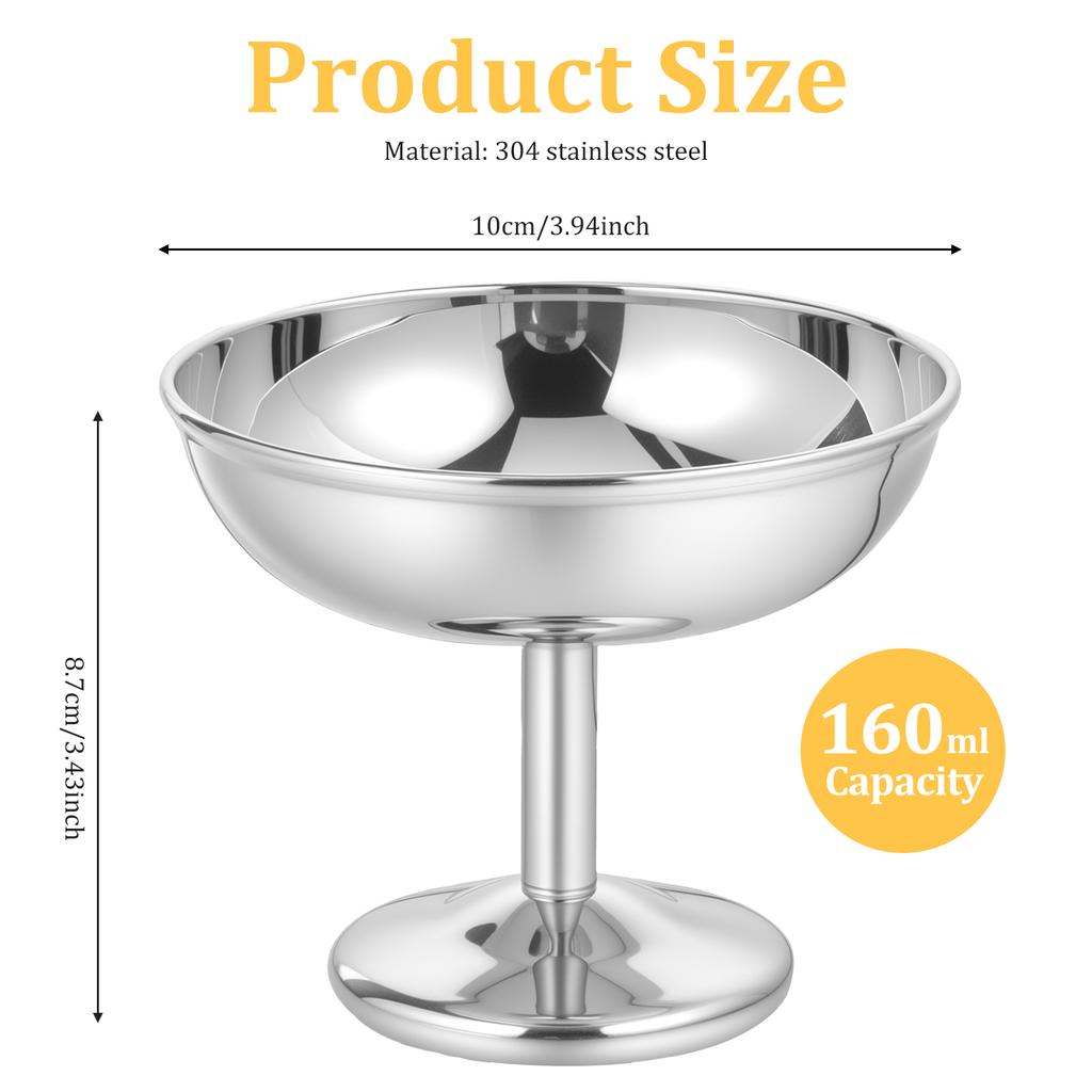 2 Pcs Ice Cream Goblet 304 Stainless Steel Dessert Cup Reusable Pudding Fruit Salad Bowls for Bar Restaurant Kitchen Accessories