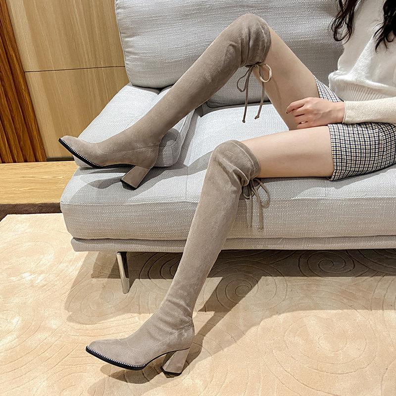

Сапоги цвета хаки женские сапоги до колена толстый каблук 2025 новые бархатные высокие сапоги женские высокие каблуки длинные эластичные сапоги 40