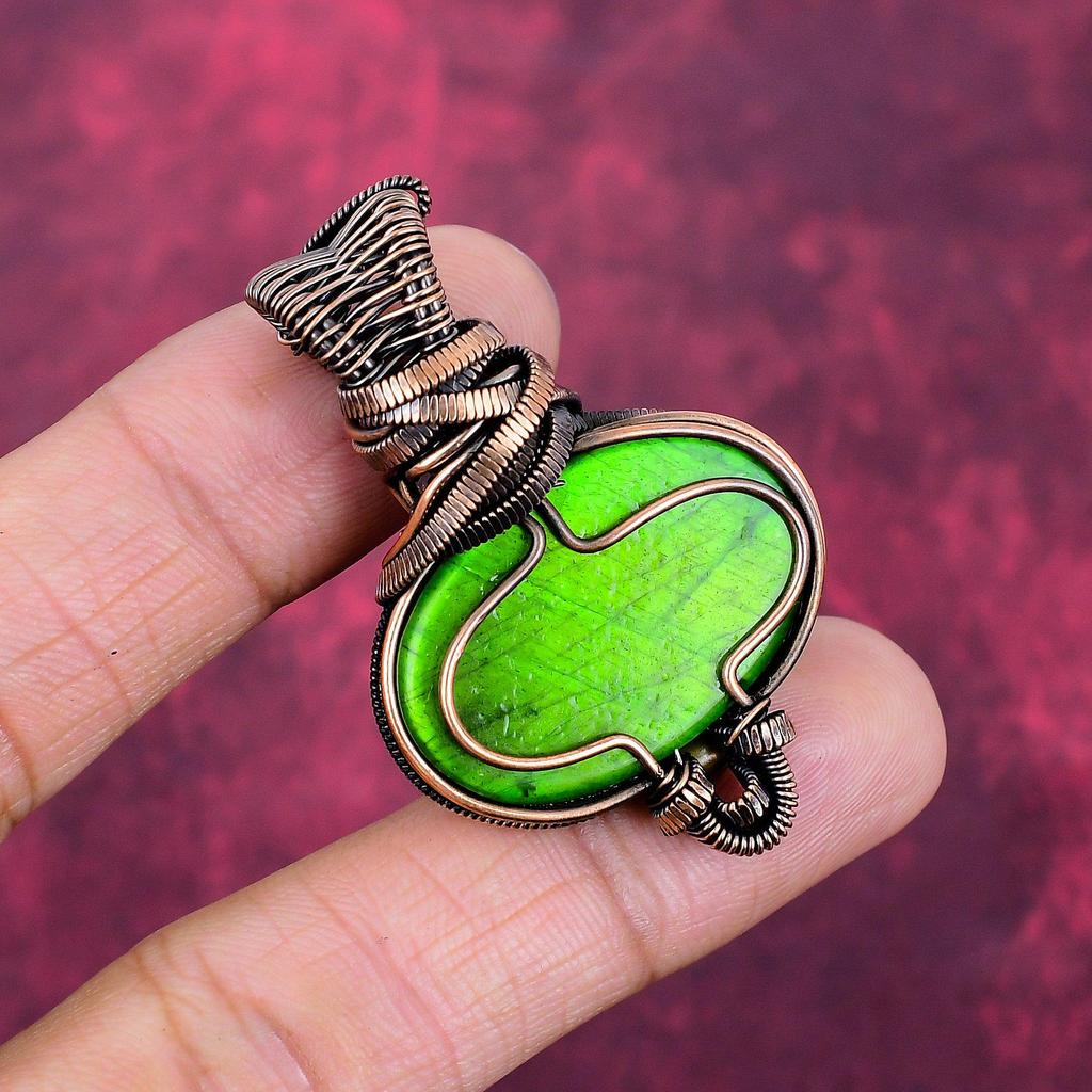 Green Fire Labradorite Pendant Copper Wire Wrapped Rainbow Moonstone Jewelry