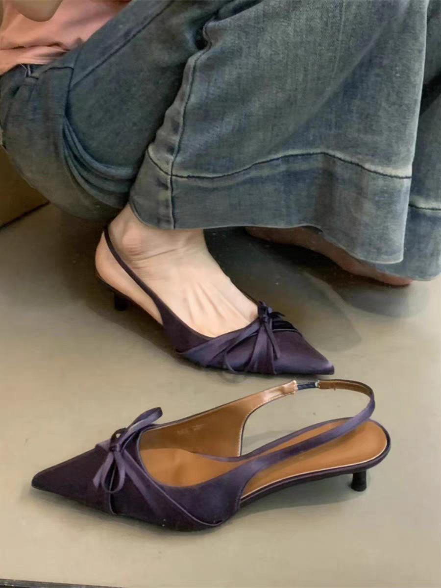 

French stiletto high heels bag head sandals 2025 summer new temperament socialite bow pointed low heel single shoes 35