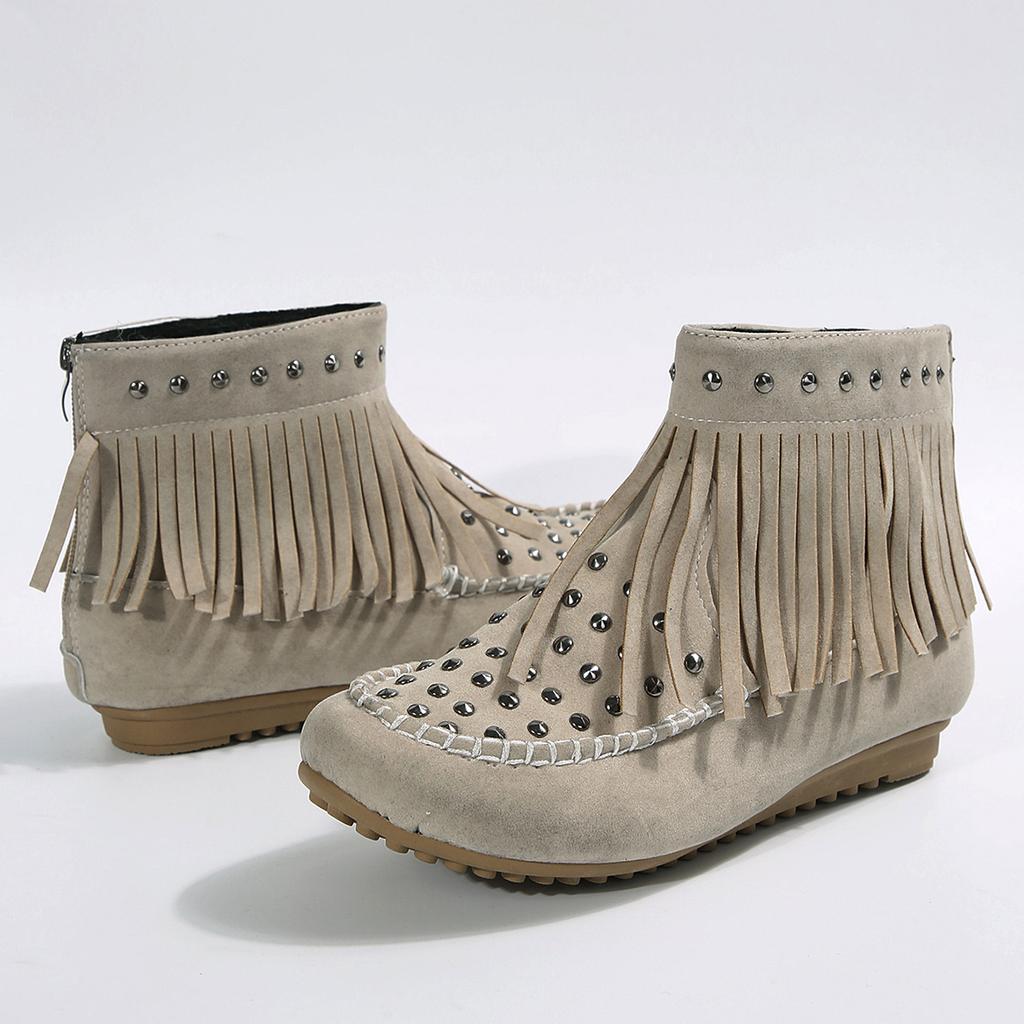 Women's Boots Short Boots Autumn and Winter Rivet Large Size Flat Bottom Fringed Boots