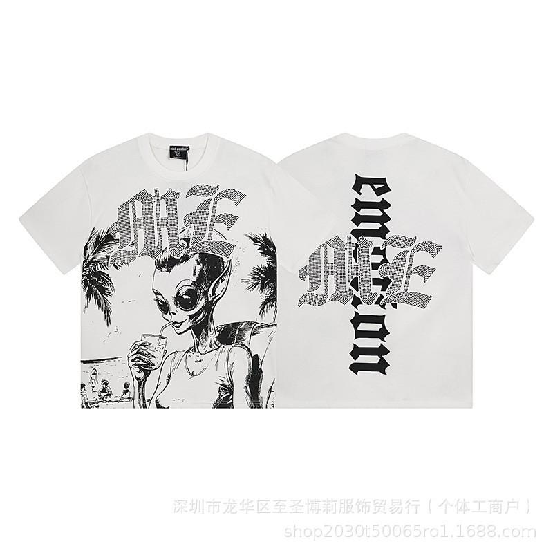 Unisex Vintage American Style Loose Fit Cotton Tee With Embellished Letter Print Round Neck Short Sleeve